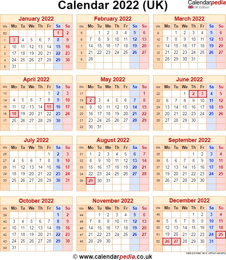 Calendar 2022 Uk With Bank Holidays &amp; Excel/Pdf/Word Templates