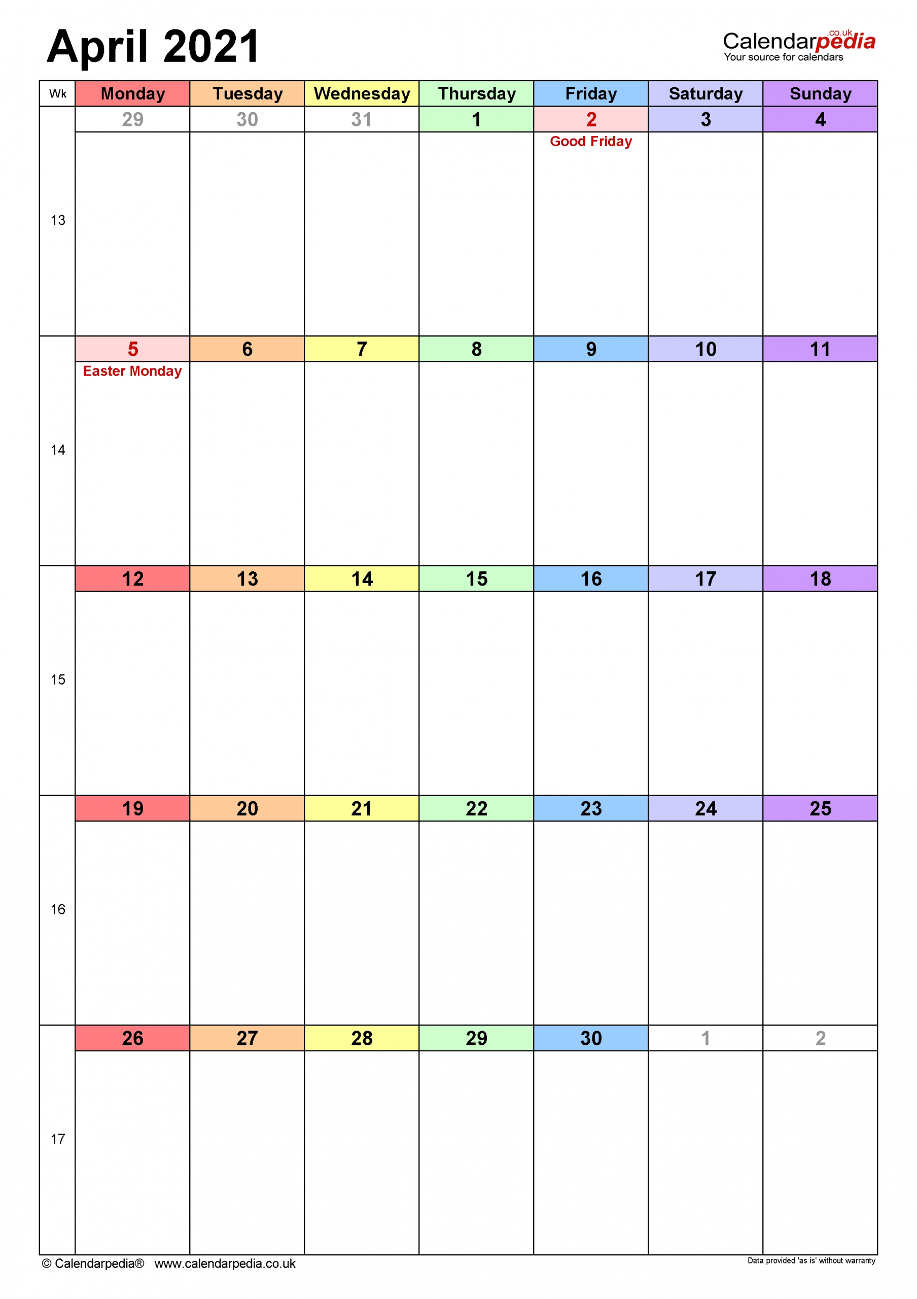 Calendar April 2021 Uk With Excel, Word And Pdf Templates