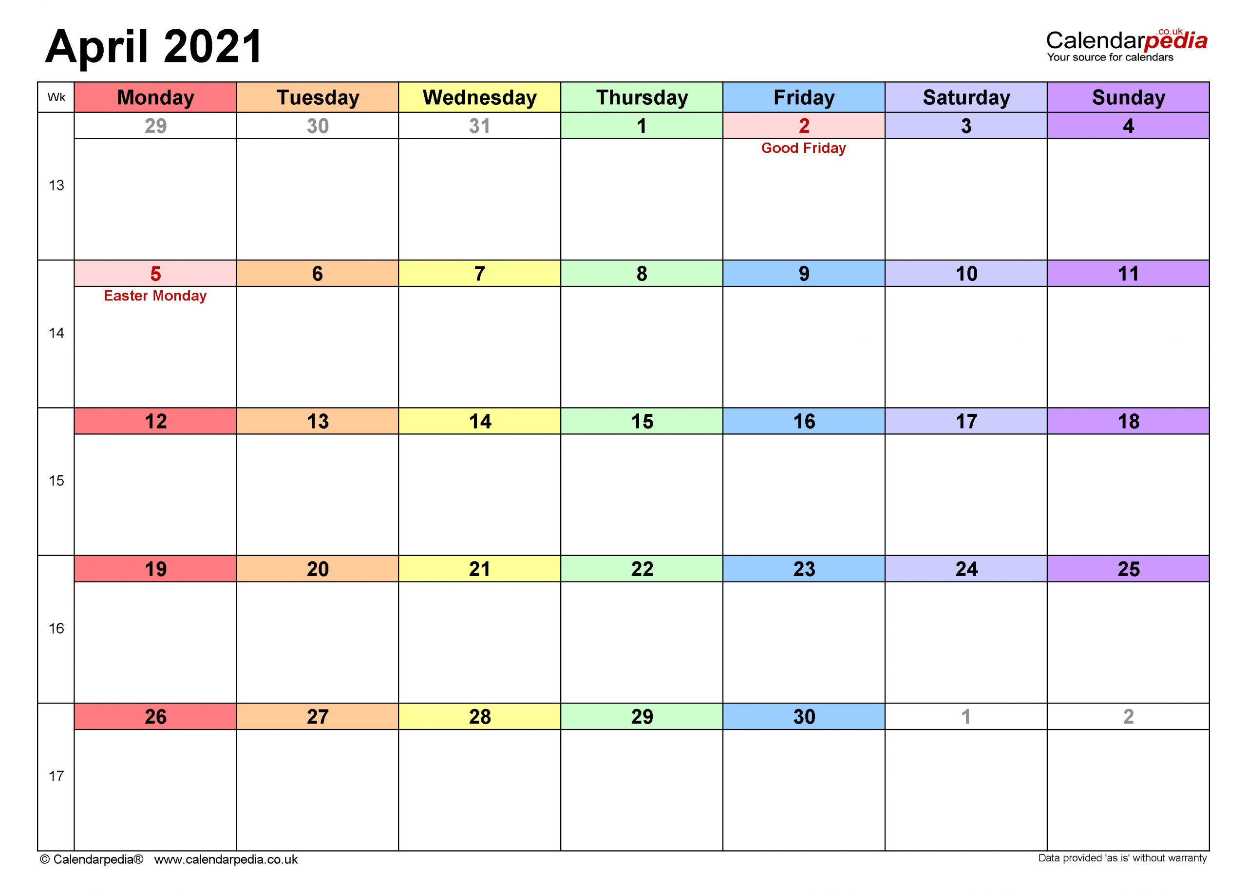 Calendar April 2021 Uk With Excel, Word And Pdf Templates
