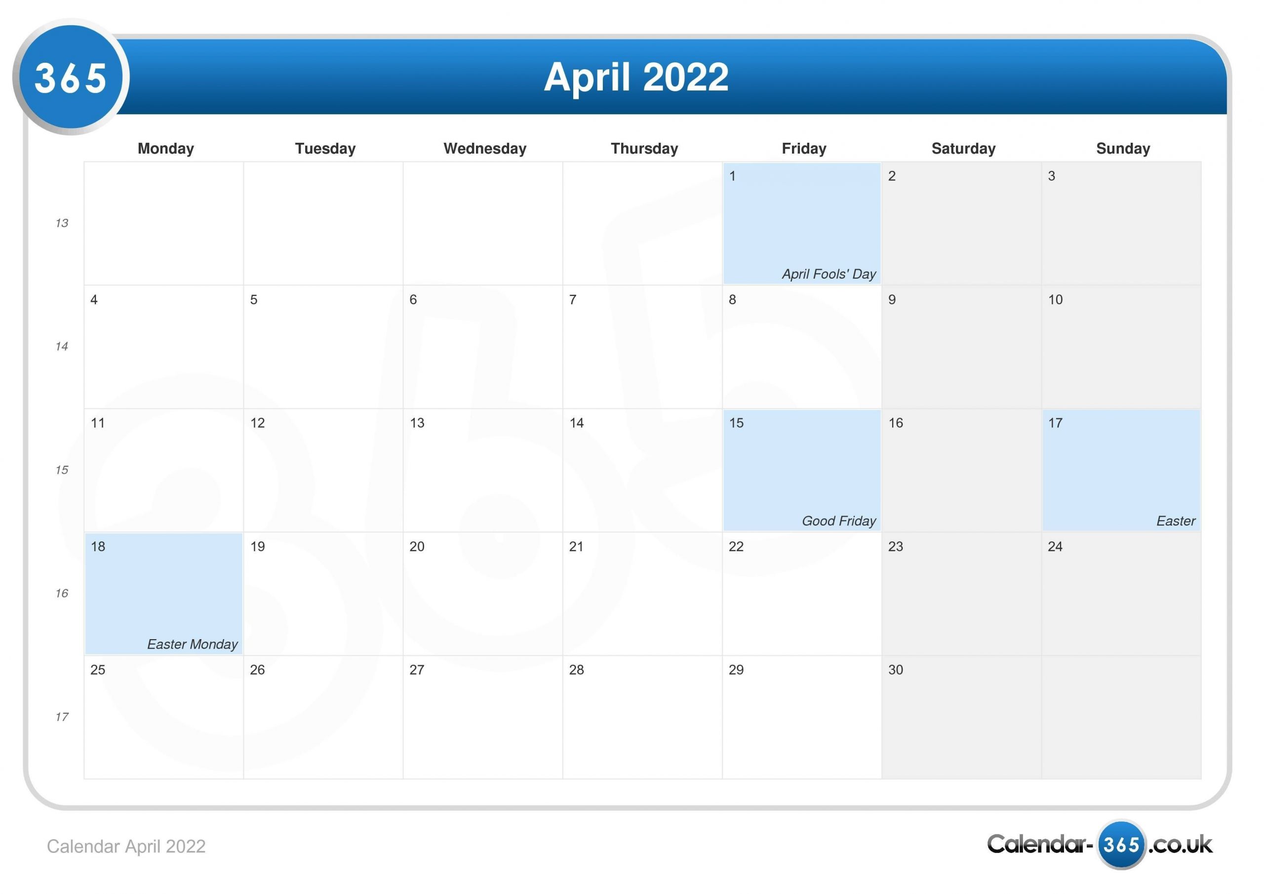 Calendar April 2022
