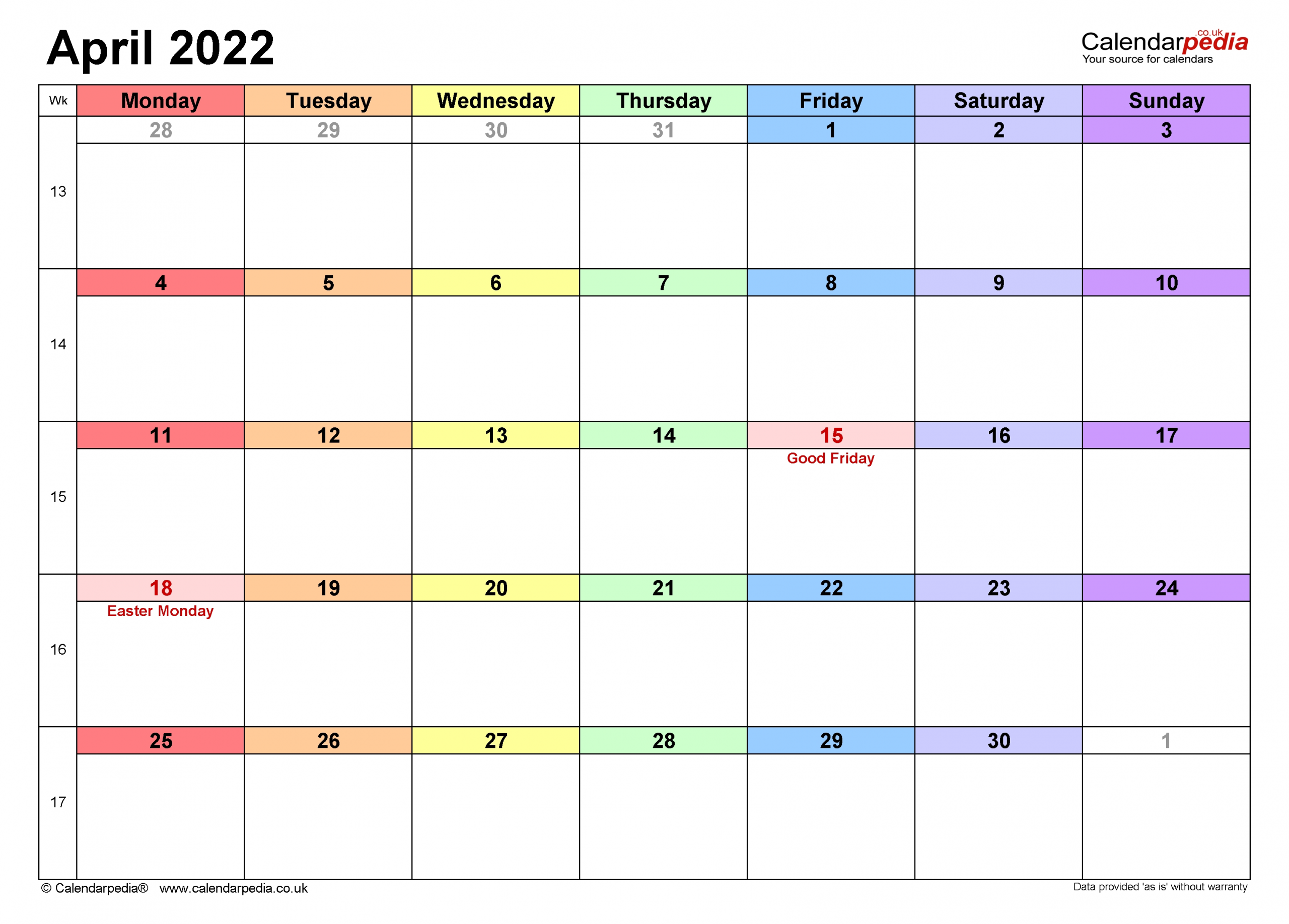 Calendar April 2022 Uk With Excel, Word And Pdf Templates