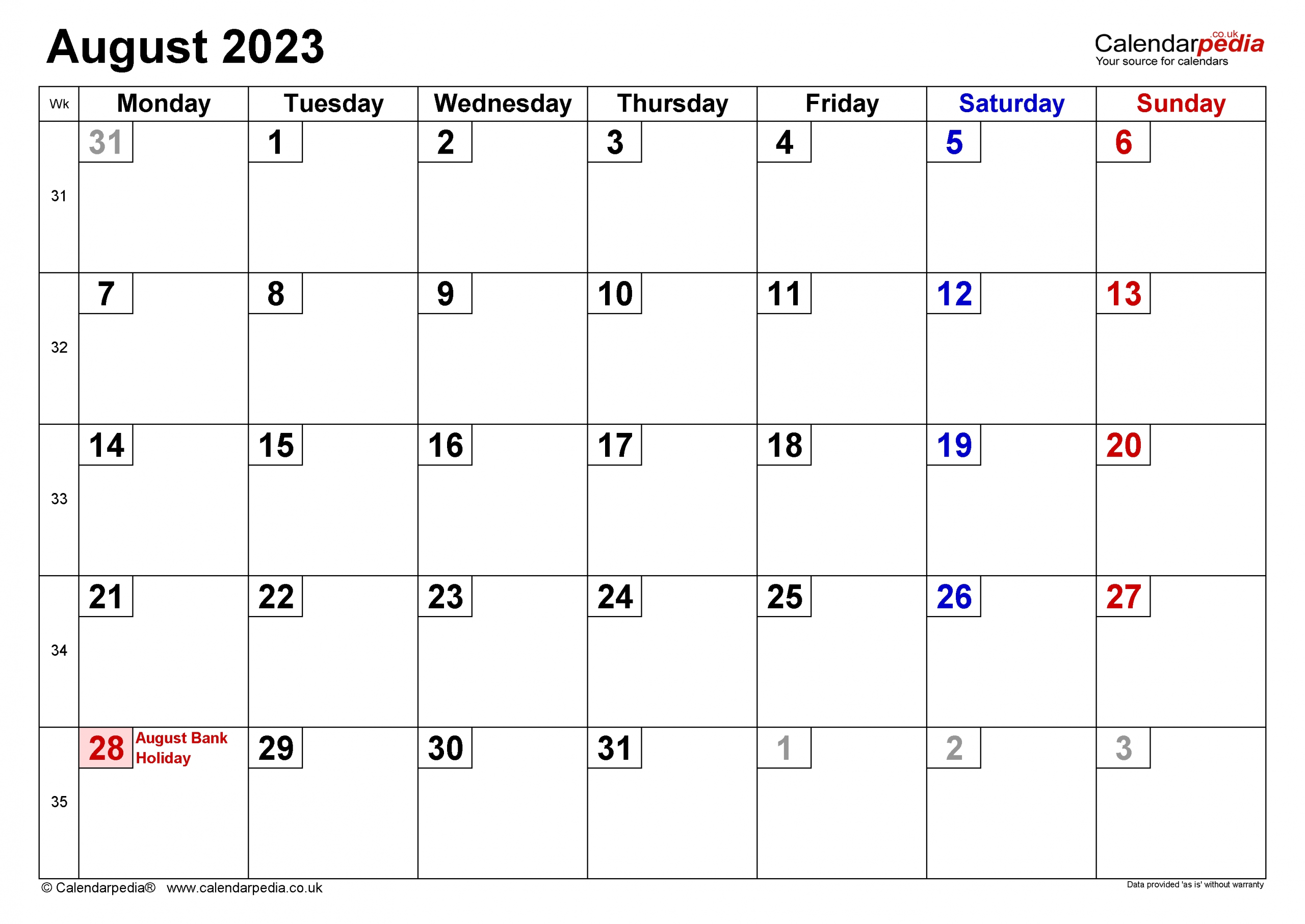 Calendar August 2023 (Uk) With Excel, Word And Pdf Templates