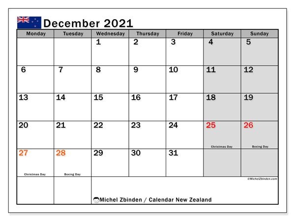 Calendar December 2021 - New Zealand - Michel Zbinden En