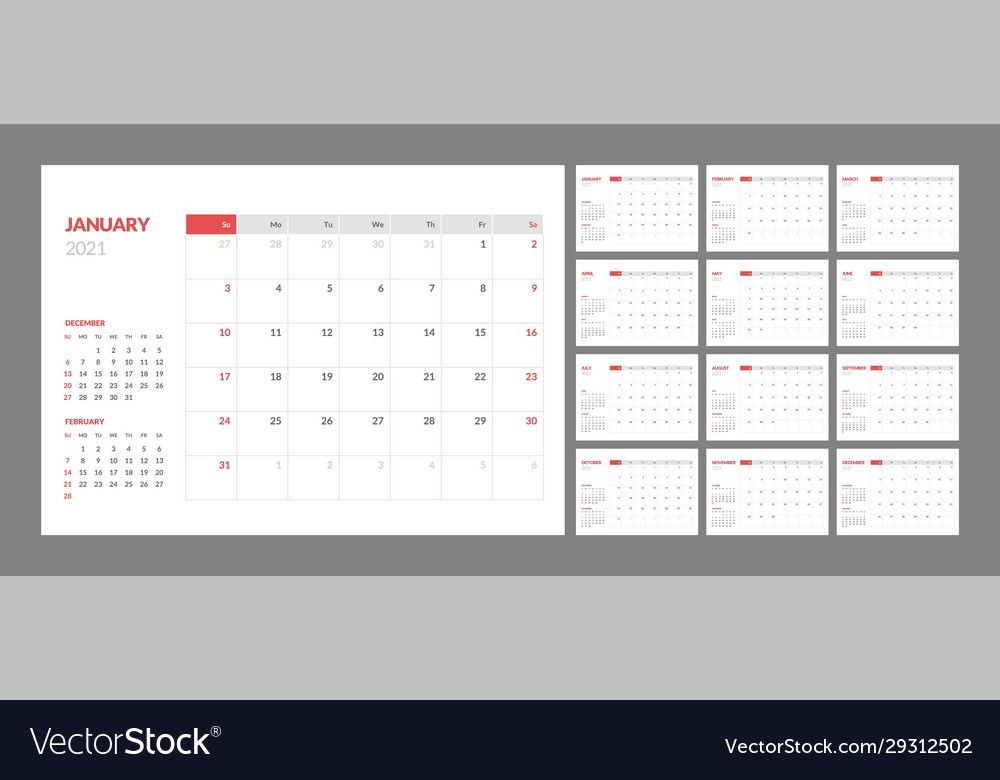Calendar For 2021 New Year In Clean Minimal Table Vector Image