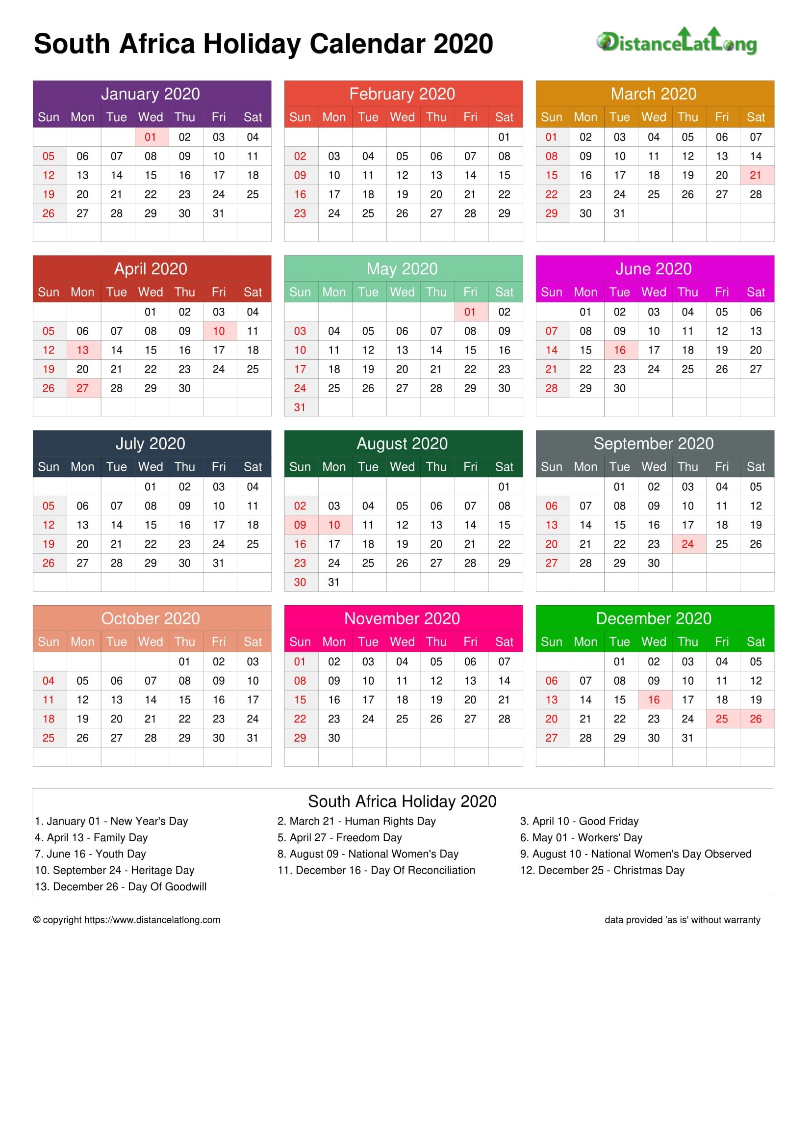 Calendar Horizontal Multi Color Grid Sunday To Saturday