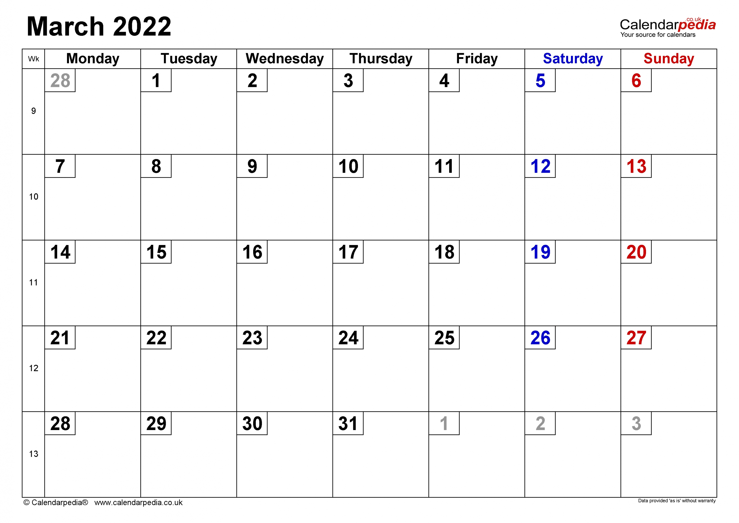 Calendar March 2022 Uk With Excel, Word And Pdf Templates