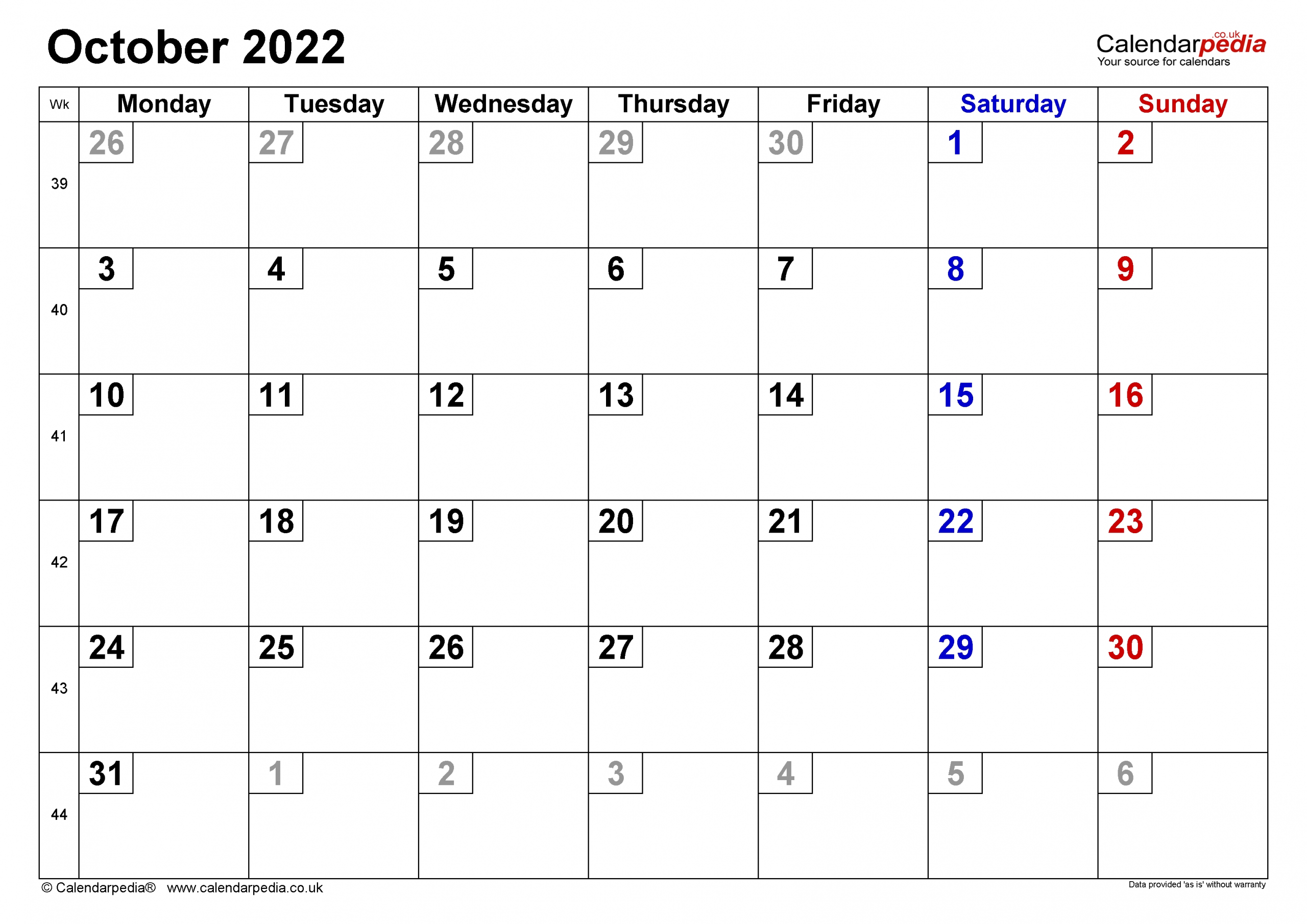 Calendar October 2022 Uk With Excel, Word And Pdf Templates