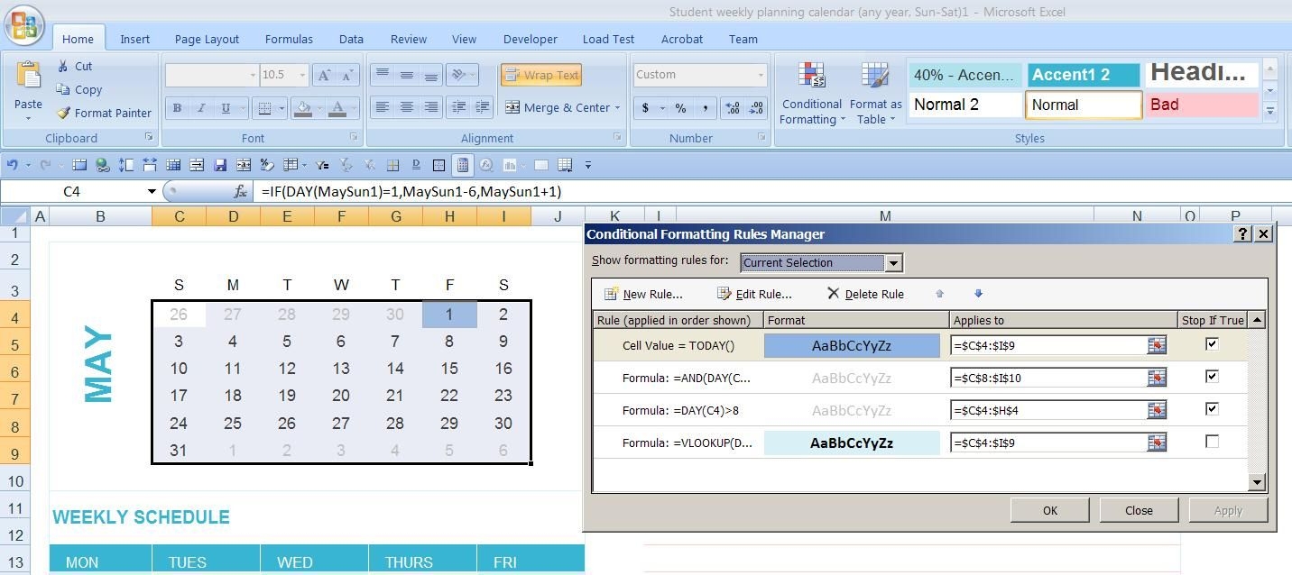 how to create a yearly calendar in excel with formula