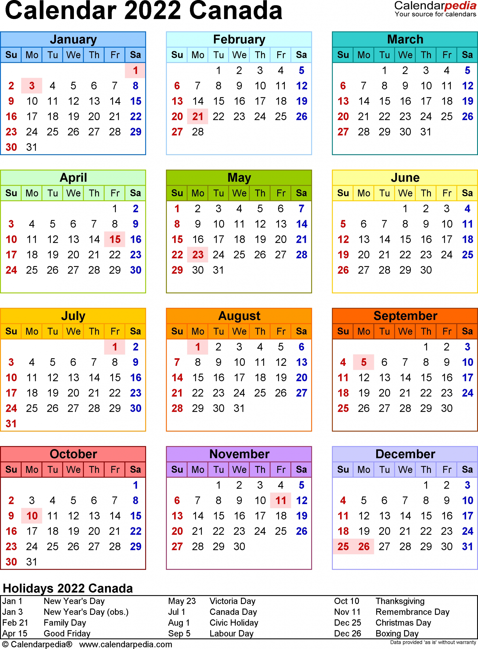 Canada Calendar 2022 - Free Printable Excel Templates