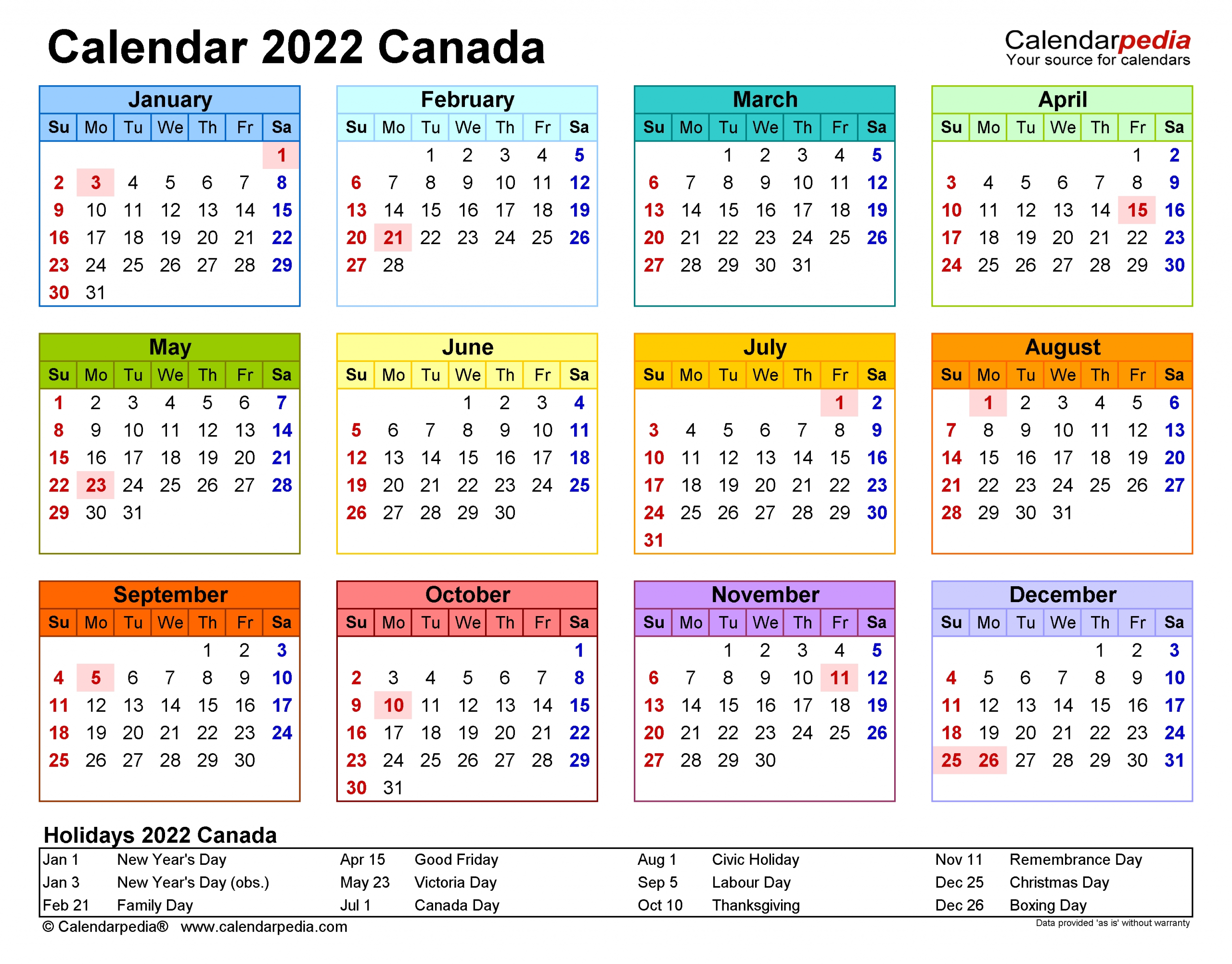 Canada Calendar 2022 - Free Printable Excel Templates