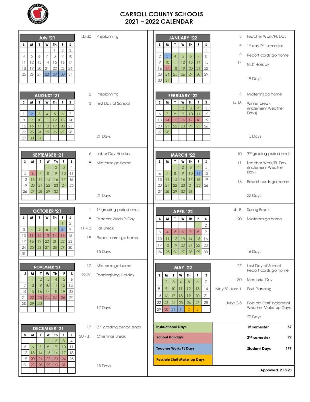 Carroll County Schools Calendar 2021-2022 In Pdf