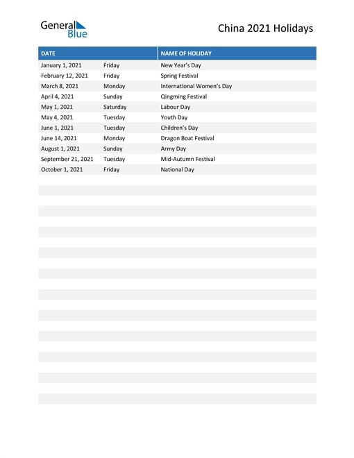 China Holidays 2021 In Pdf, Word And Excel