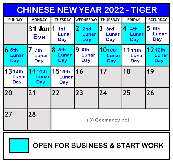 Chinese New Year 2022 Is On: 1St Day = Tuesday, 1 February