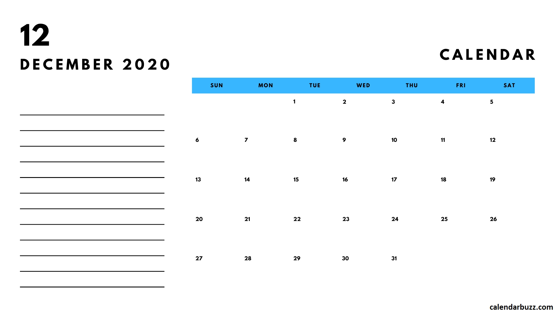 December 2020 Calendar With Notes | Calendar, Calendar