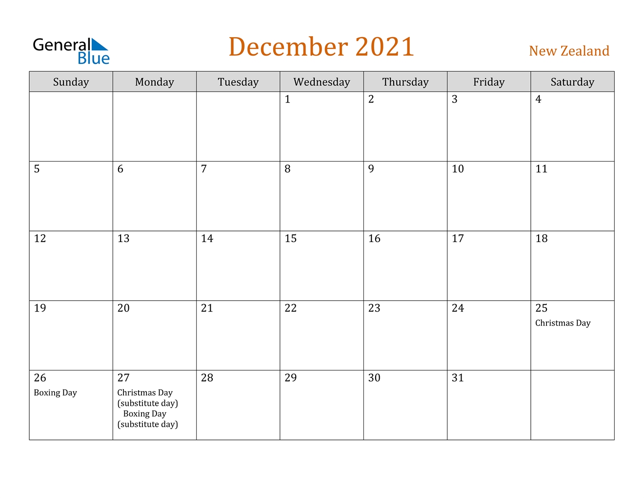 December 2021 Calendar - New Zealand