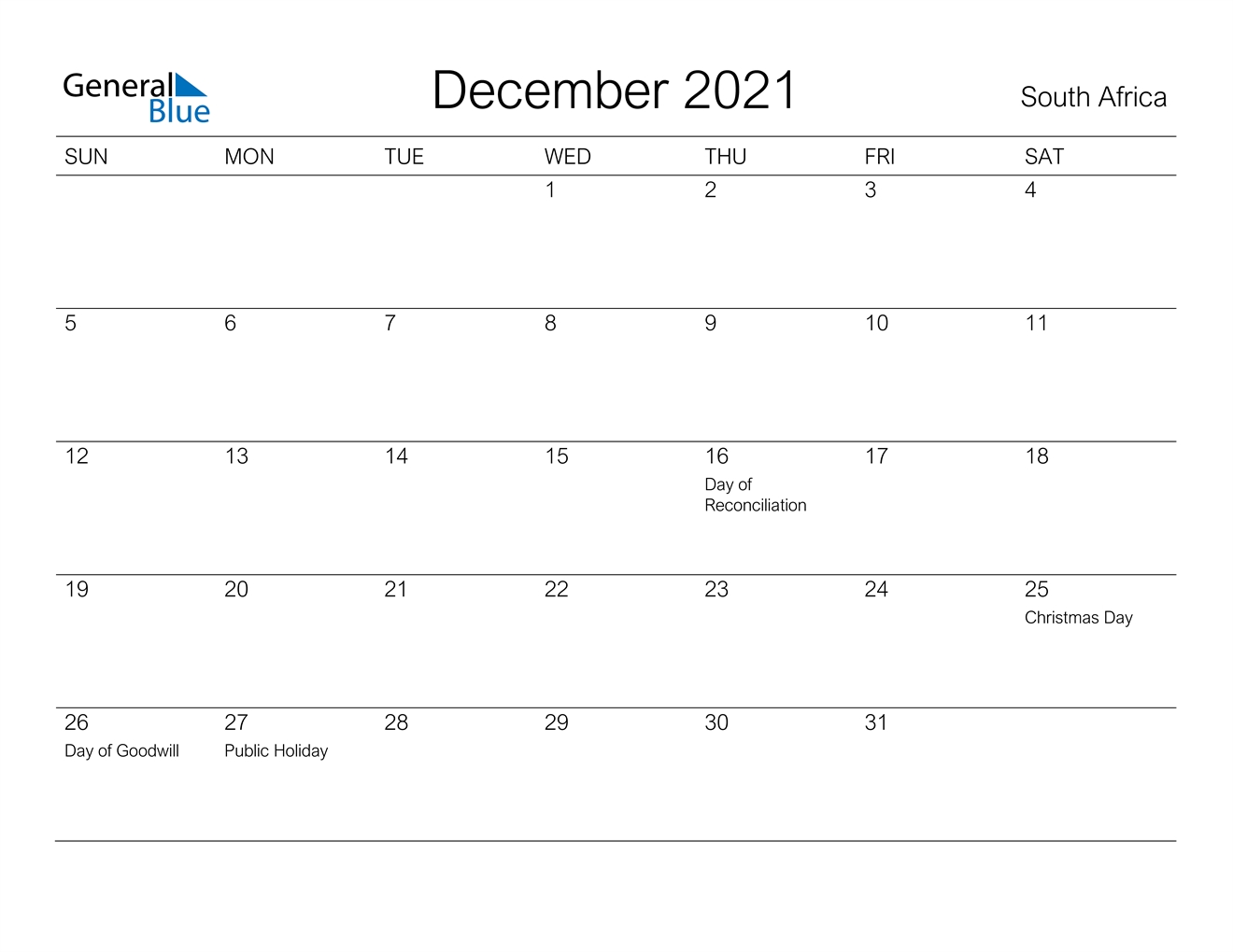 December 2021 Calendar - South Africa