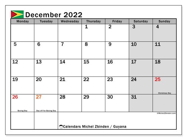 December 2022 Calendars &quot;Public Holidays&quot; - Michel Zbinden En