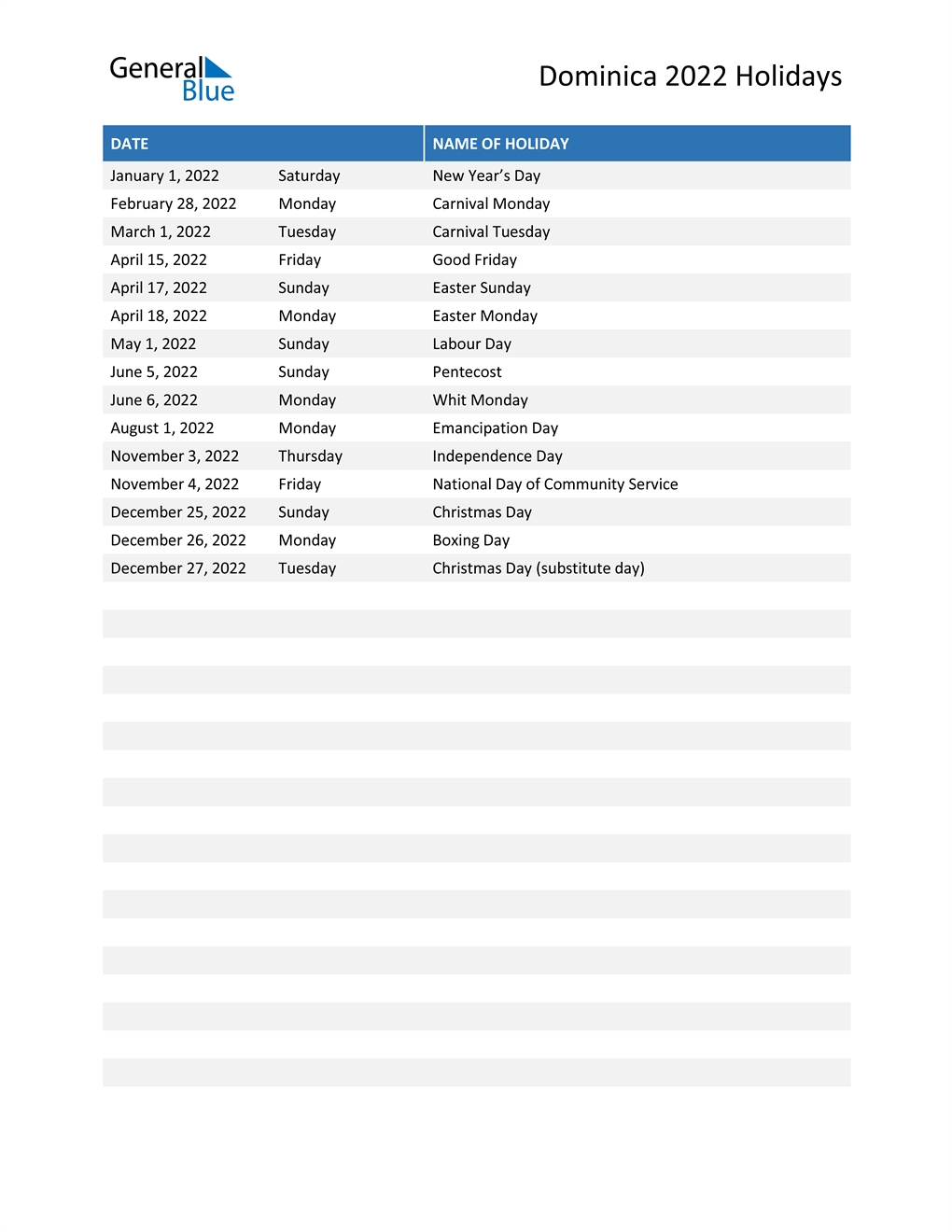 Dominica Holidays 2022 In Pdf, Word And Excel