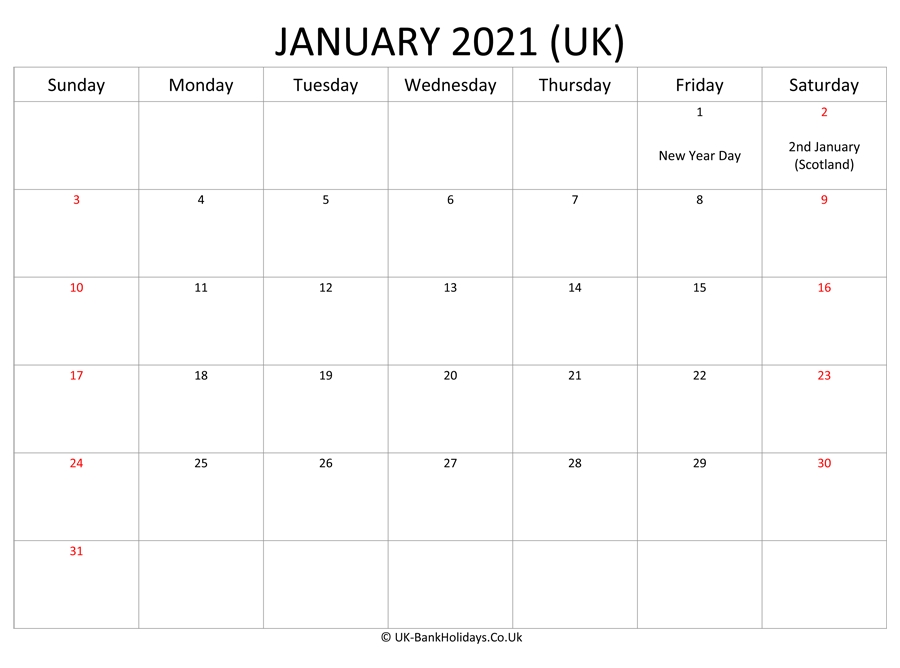 Download Editable January 2021 Monthly Uk Calendar