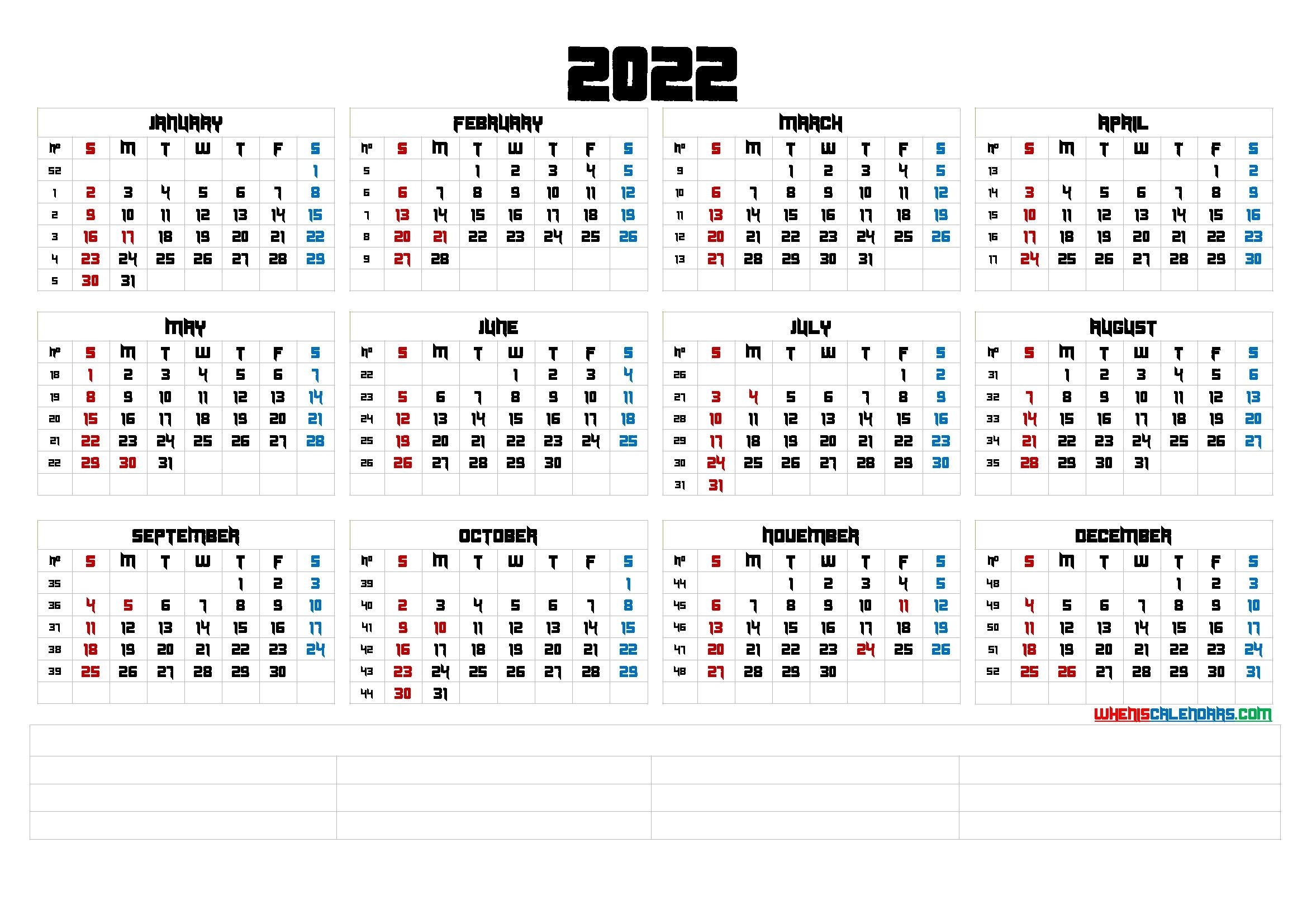 Universal 2022 Calendar Template Download