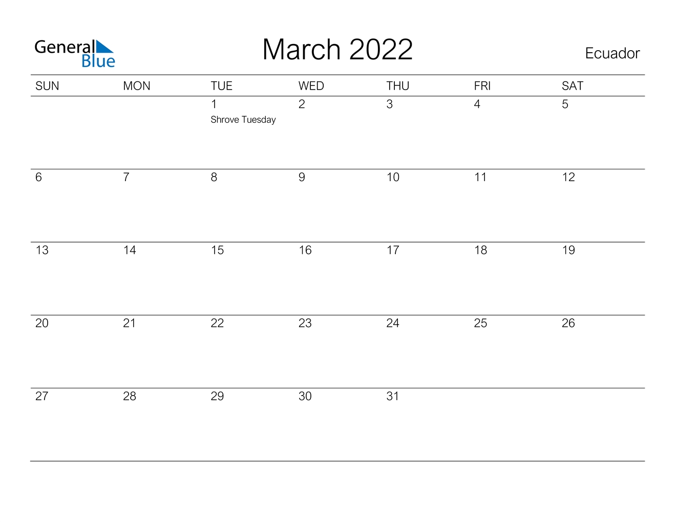 Ecuador March 2022 Calendar With Holidays
