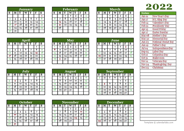Editable 2022 Yearly Calendar Landscape - Free Printable