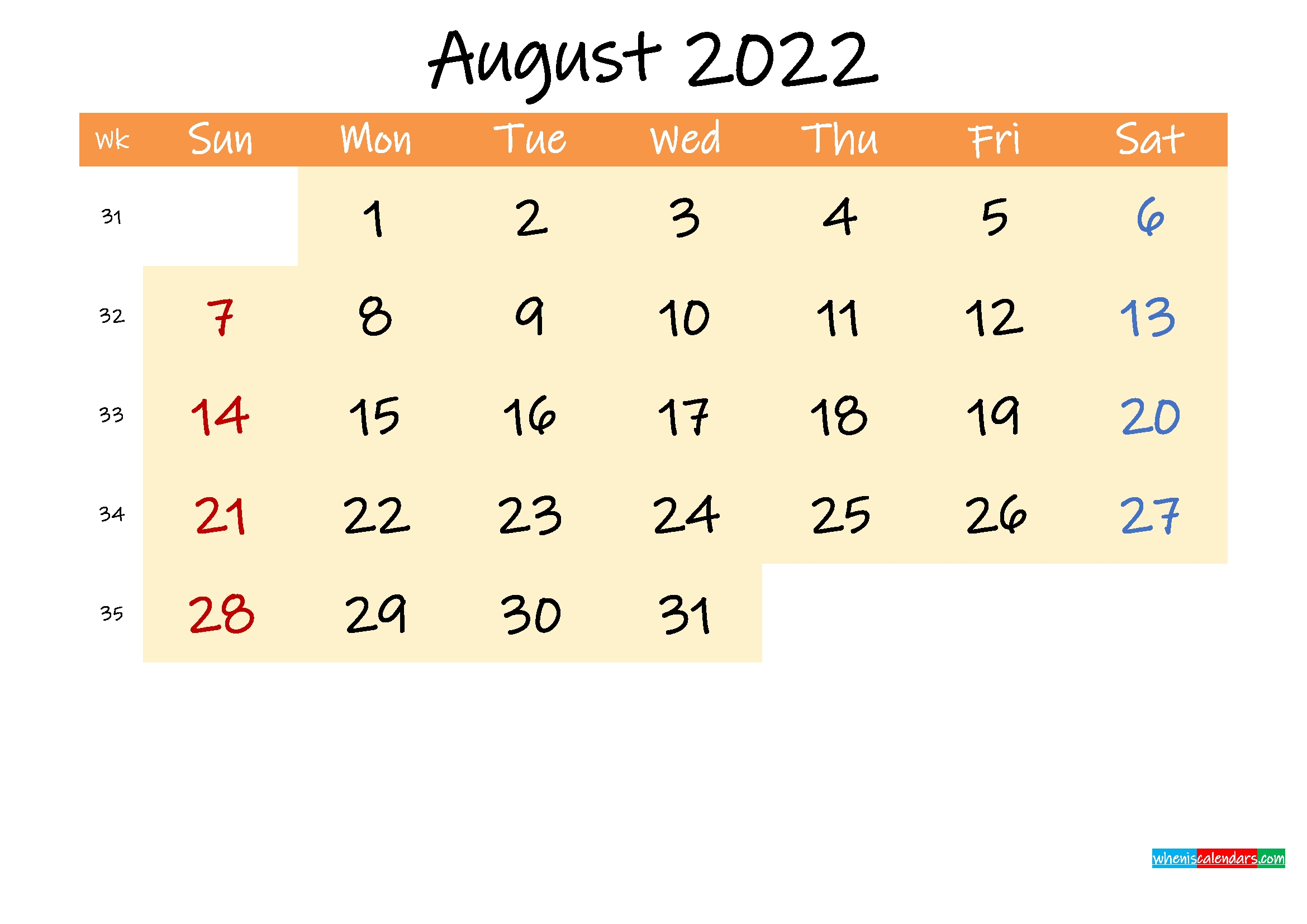 Editable August 2022 Calendar - Template No.ink22M248