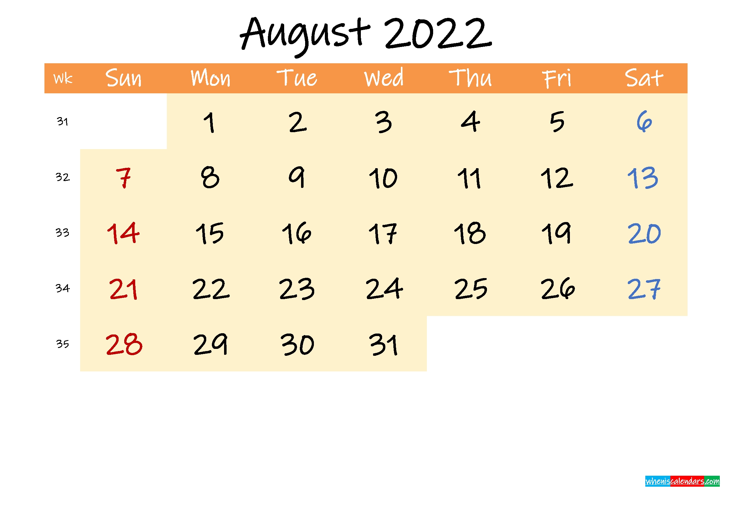 Free Calendar For August 2022