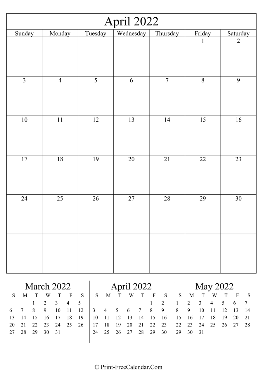 Editable Calendar April 2022 (Portrait Layout)