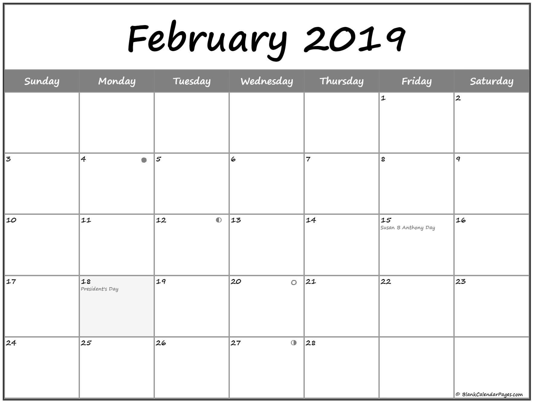 February 2019 Lunar Calendar. Moon Phase Calendar With Usa