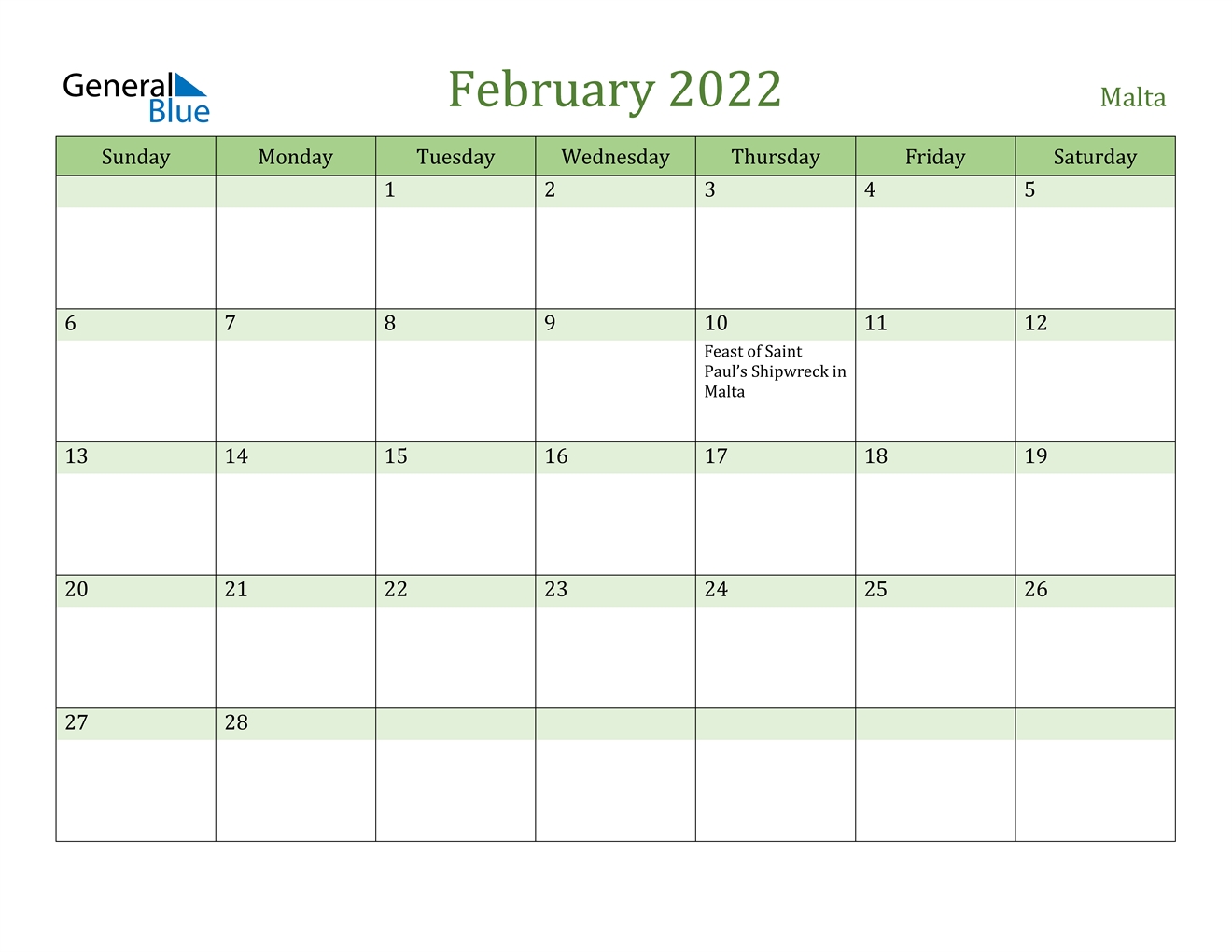 February 2022 Calendar - Malta