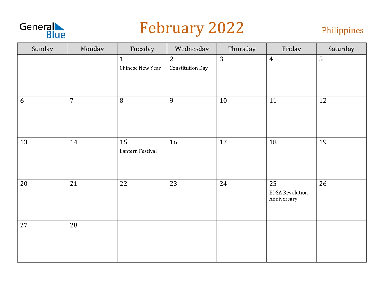 February 2022 Calendar - Philippines