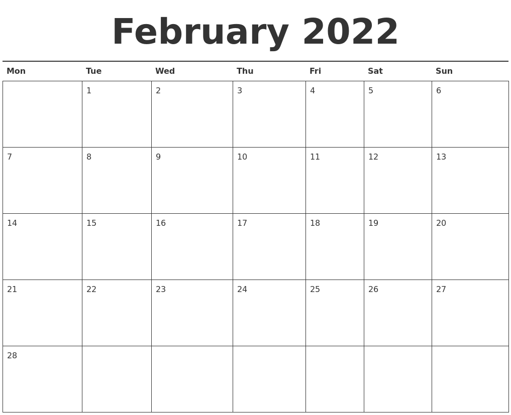 February 2022 Calendar Printable