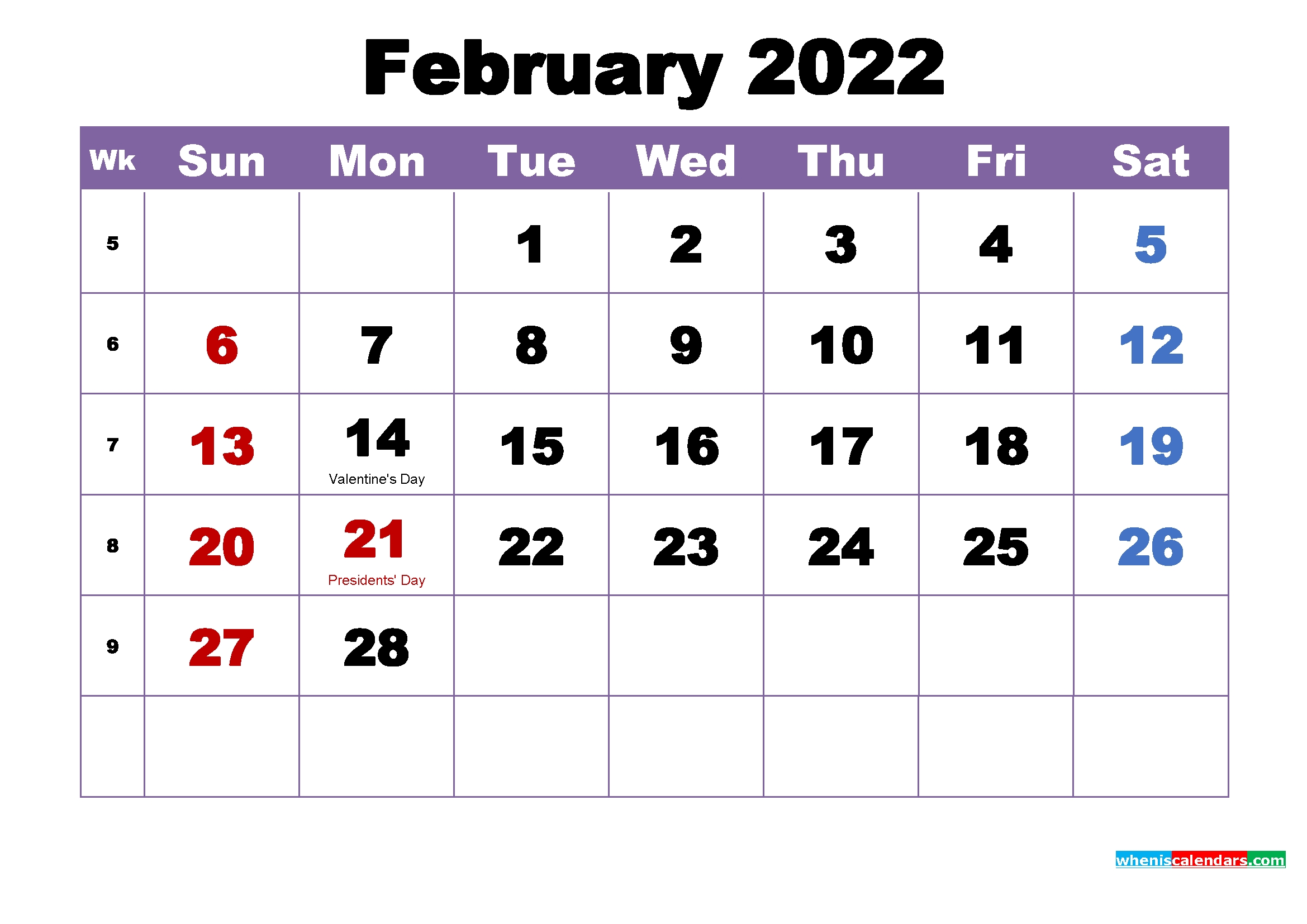 February 2022 Calendar With Holidays Printable