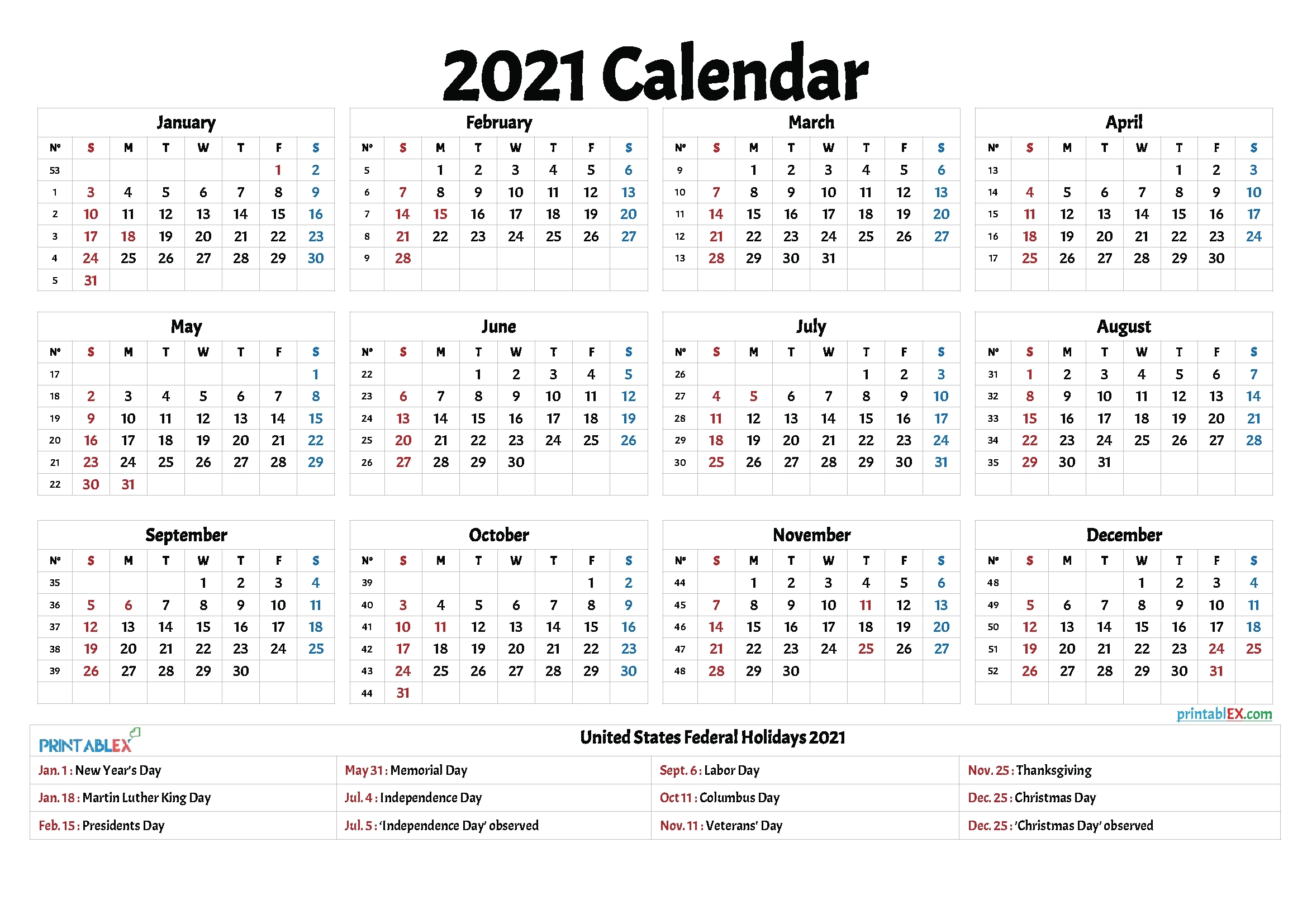 Federal Holidays 2021 Calendar - Example Calendar Printable