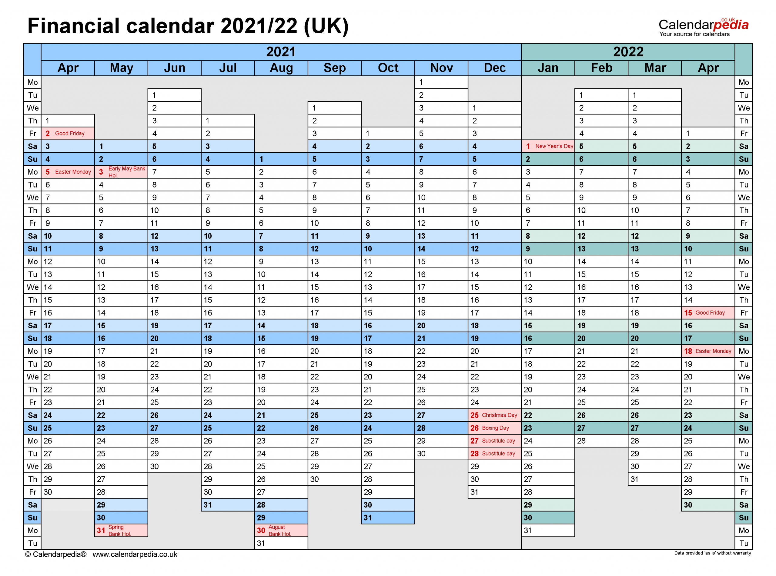 Financial Calendars 2021/22 Uk In Microsoft Word Format