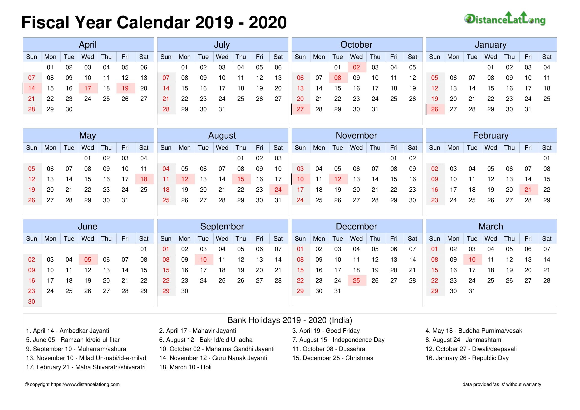 Fiscal Landscape Calendar Vertical Outer Border Sunday To