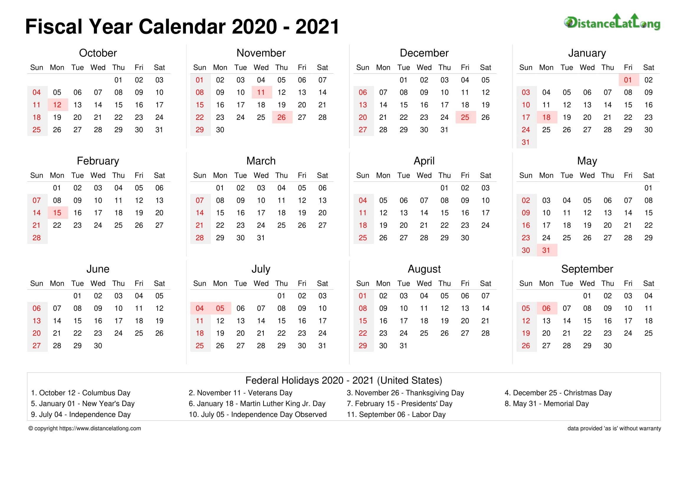 Fiscal Landscape Calendar Vertical Week Underline With