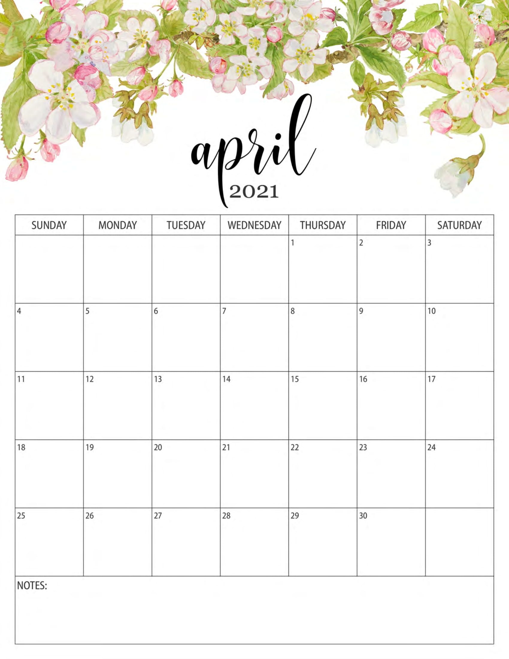 Floral April 2021 Calendar Templates - Printable 2020