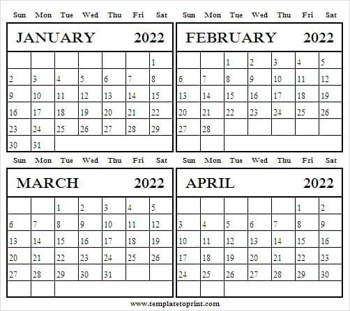 Four Month January To April 2022 Calendar - 2022 Calendar