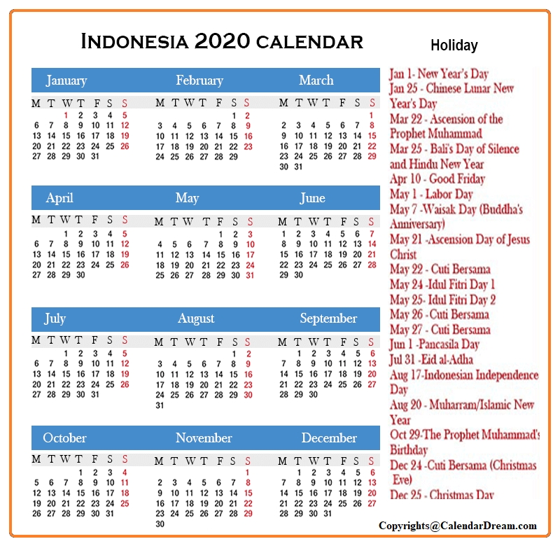 Free 2020 Printable Indonesia Calendar Template [Pdf