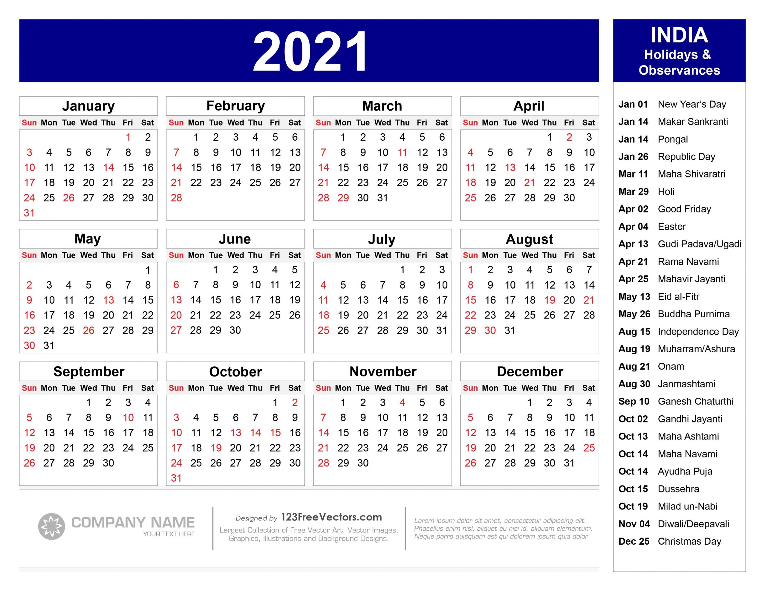 Free 2021 Calendar With Indian Holidays Pdf
