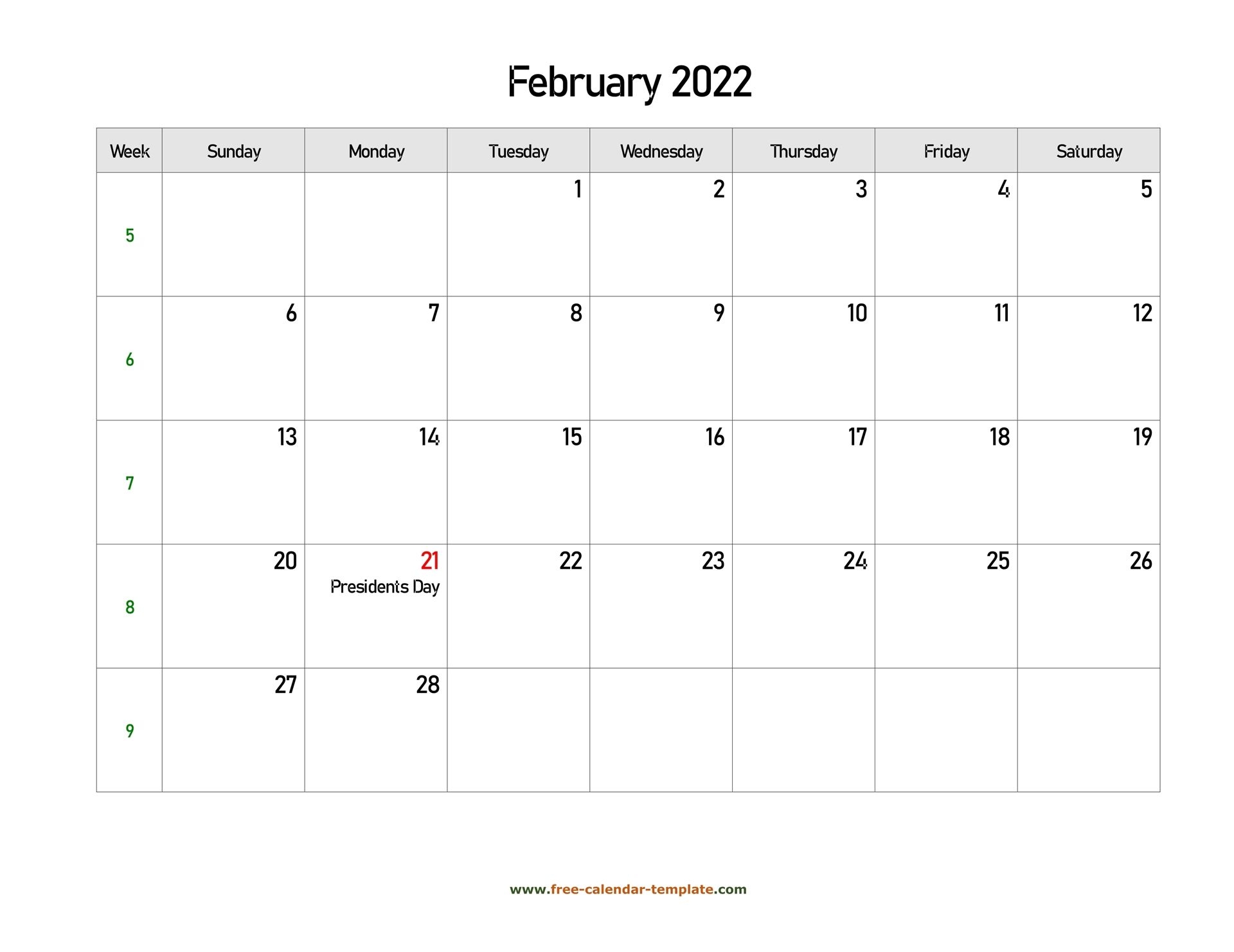 Free 2022 Calendar Blank February Template (Horizontal