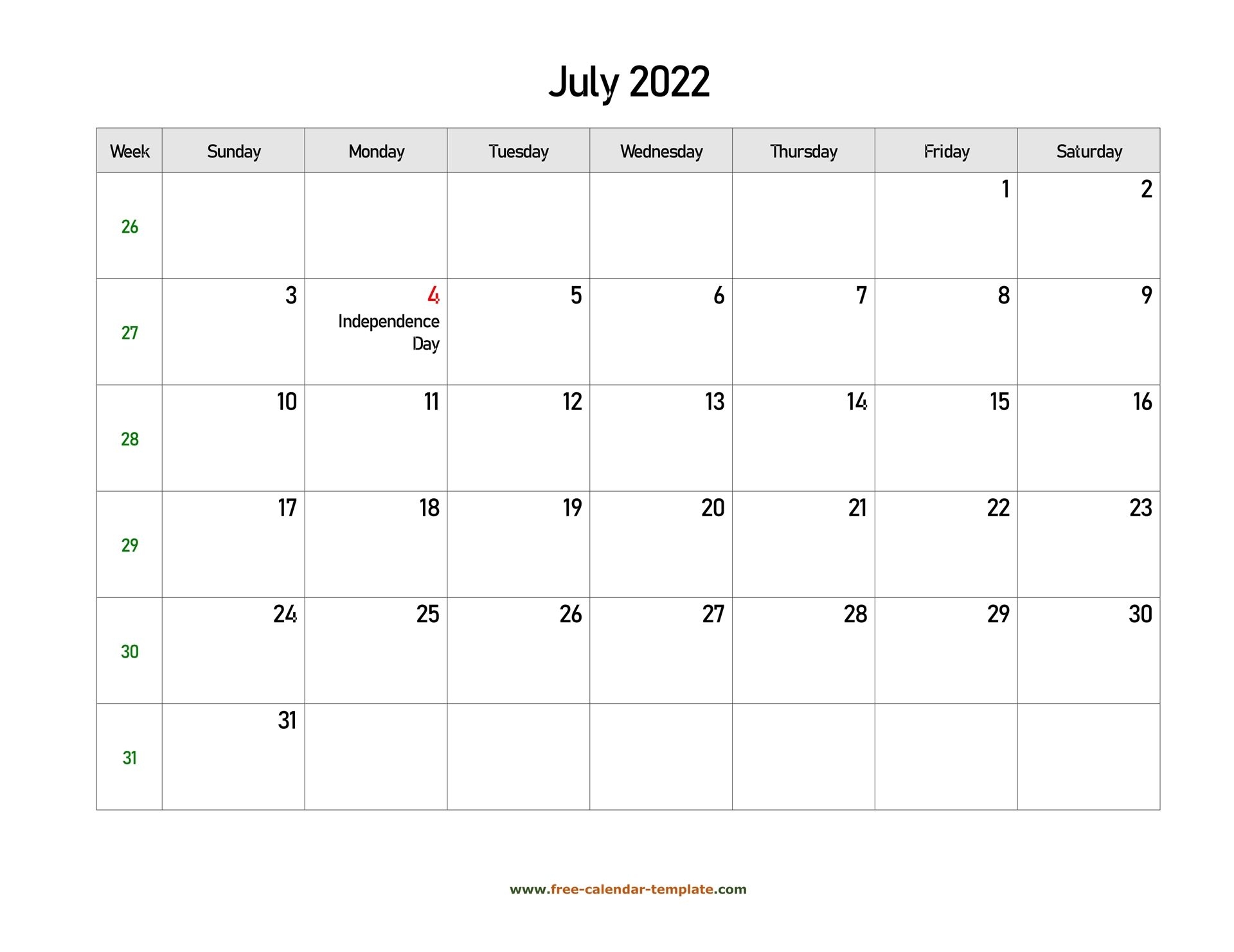 Free 2022 Calendar Blank July Template (Horizontal) | Free