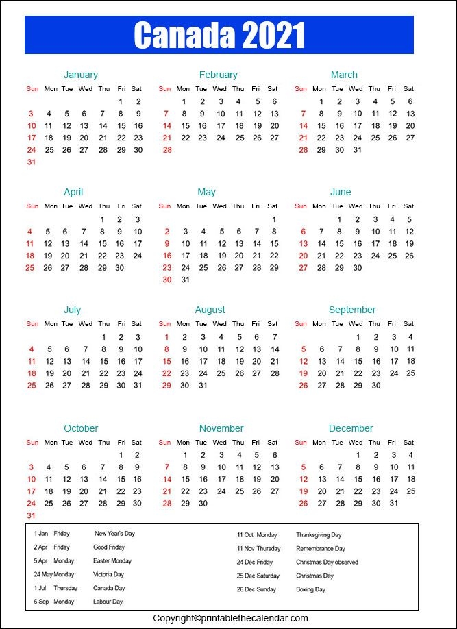 Free Download Canadian 2021 Calendar / 2021 Calendar With