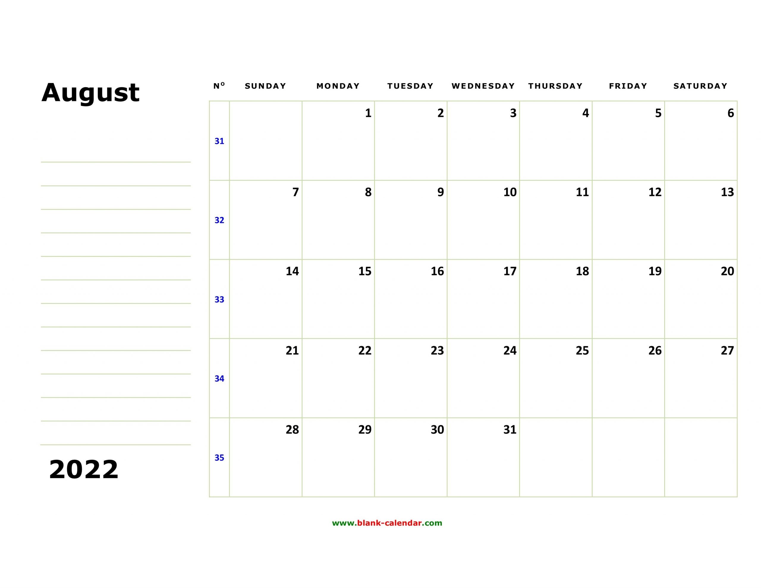 Free Download Printable August 2022 Calendar, Large Box