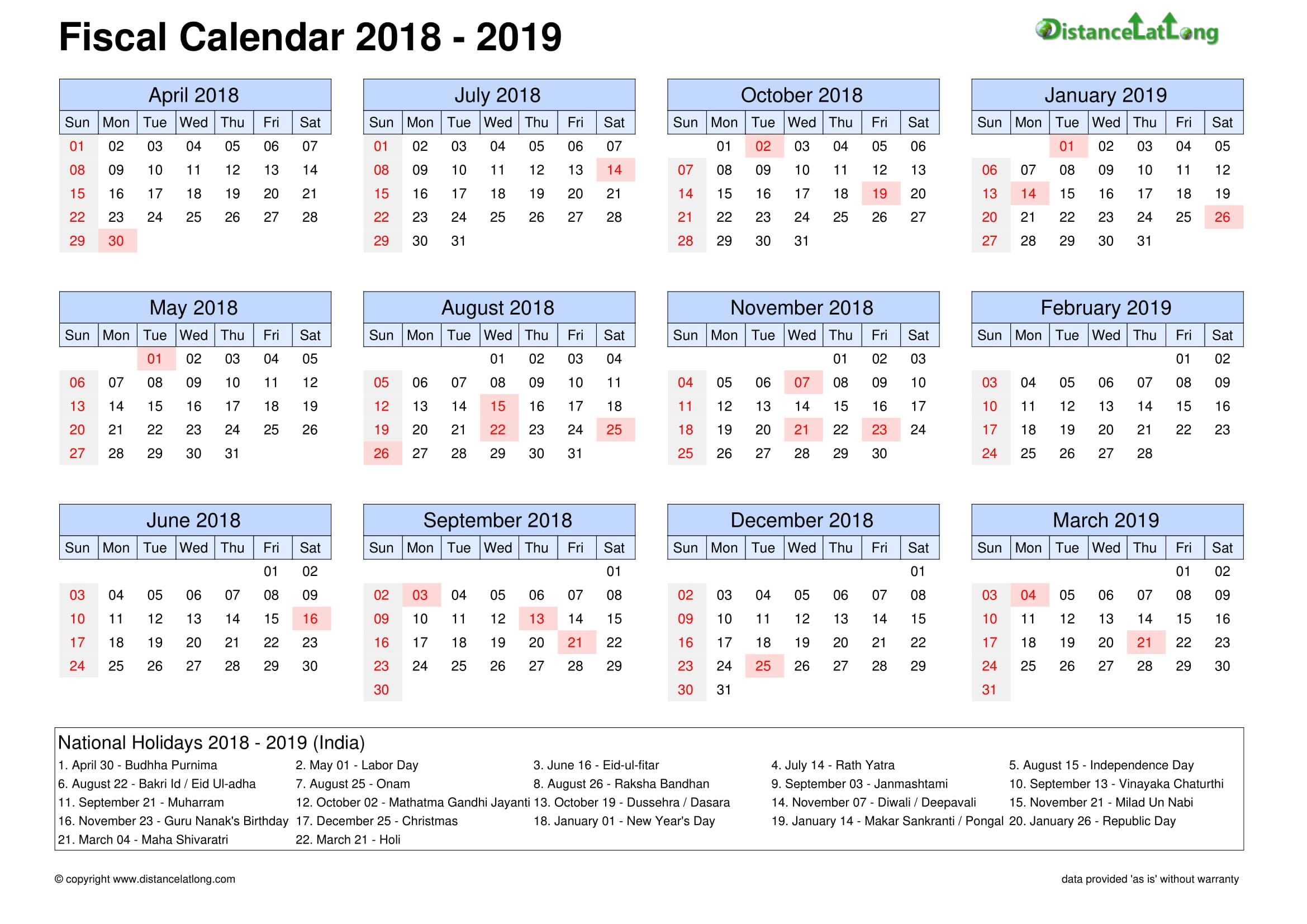 Free India Fiscal Holidays Printable Calendar Template