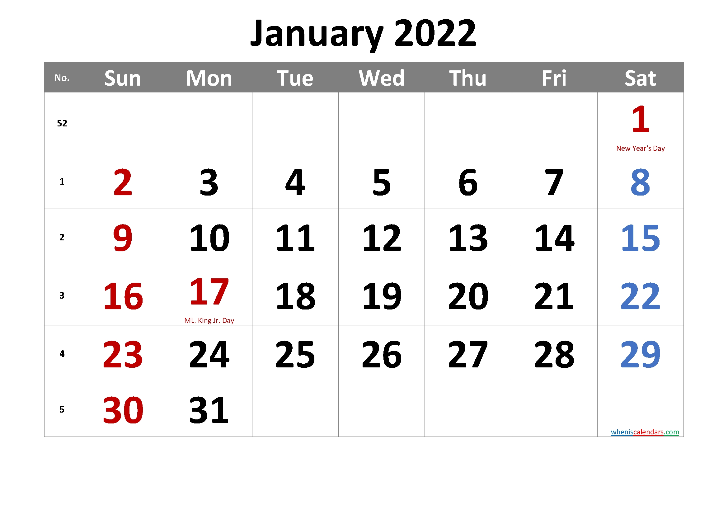 Free January 2022 Calendar Printable