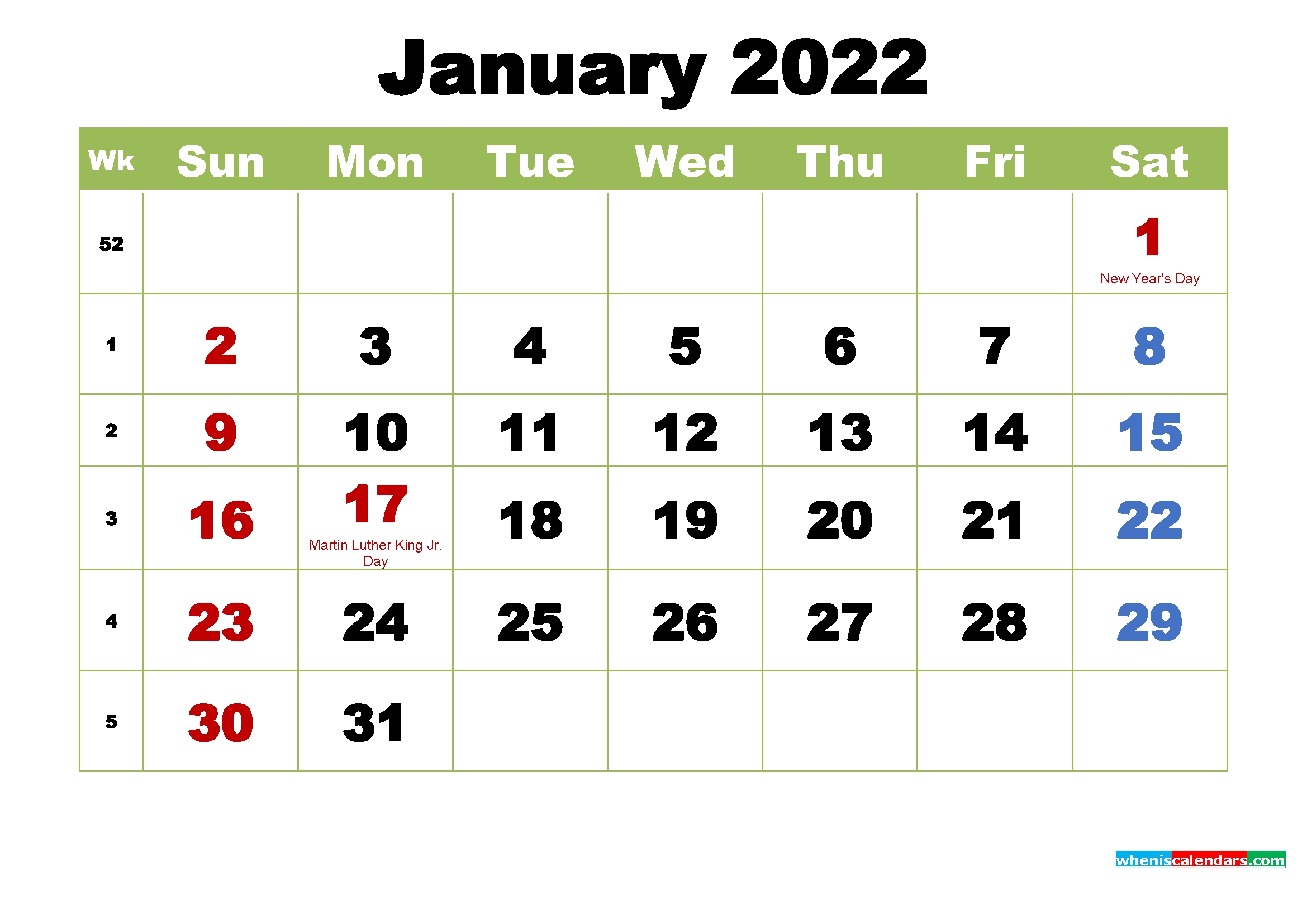 Free January 2022 Printable Calendar With Holidays | Free
