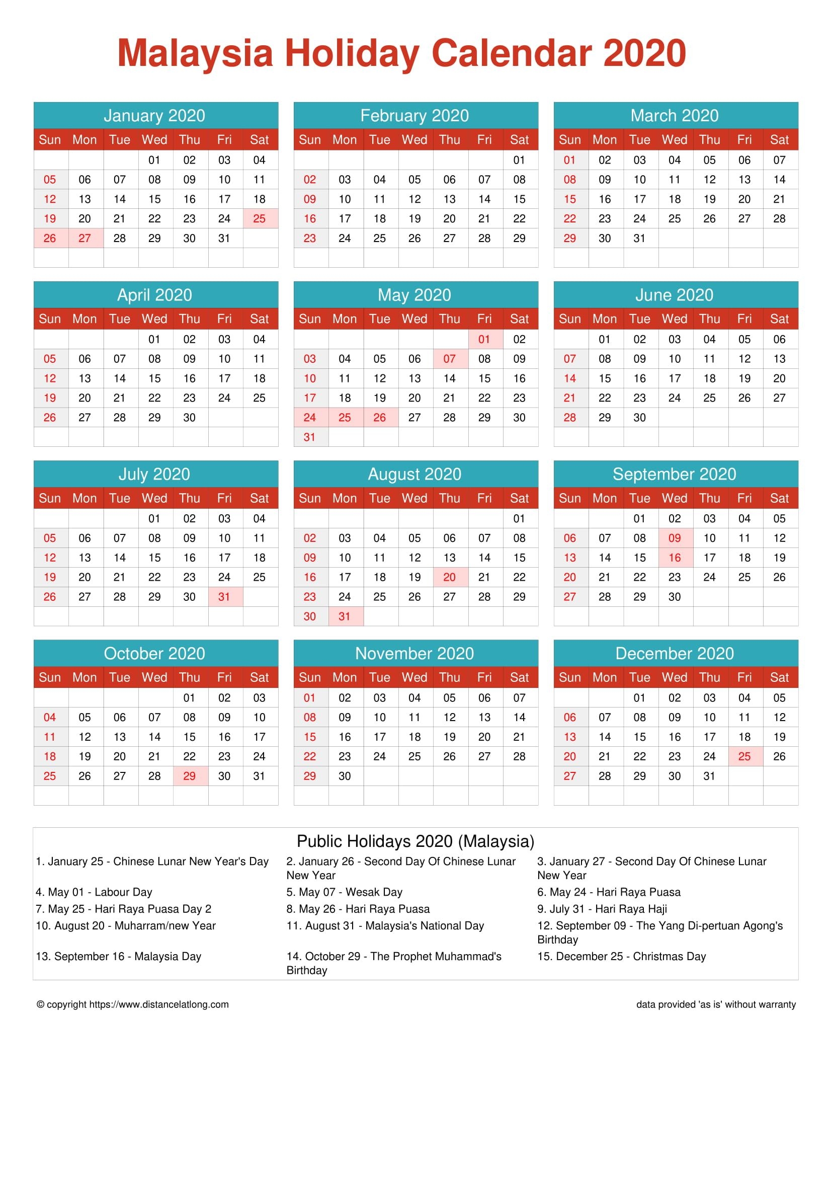 Free Malaysia Holiday Printable Calendar Cheerful Bright